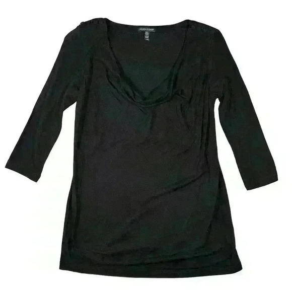 Eileen Fisher Tops - EILEEN FISHER Black Cowl Neck Button Detail ¾ Sleeve Blouse Top Women Med